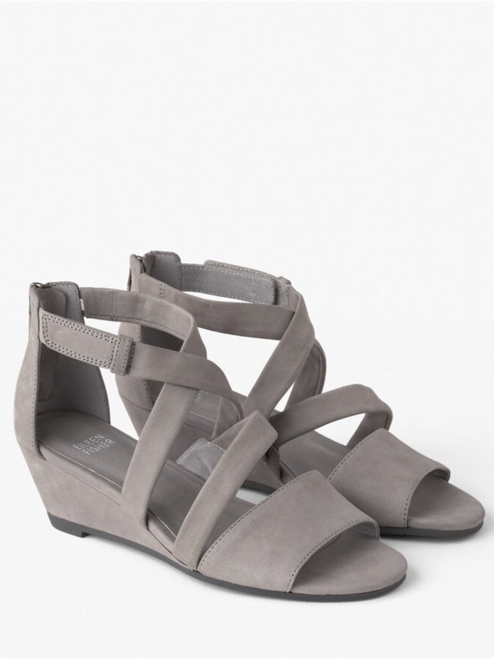 Eileen Fisher Gray Neutral Mazy Strappy Nubuck Leather Wedge Sandals- Size 7.5